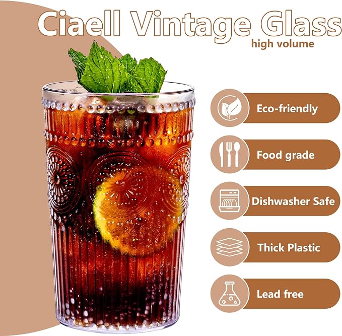 Ciaell 12 Pack Plastic Water Glasses for Parties Dinners | 14 oz Clear Embossed Ribbed Vintage Drinking Cups, Heavy Duty Plastic, Beer Juice Cocktails for Weddings Outdoor Bars