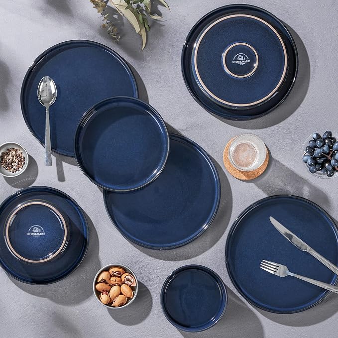 LIANYU 24 Piece Dinnerware Sets with Pasta Bowls for 6, Ribbed Dishes Plates and Bowls Set, Microwave & Dishwasher Safe Ceramic Stoneware for Home Kitchen, Scratch and Chip Resistance, Twilight Blue