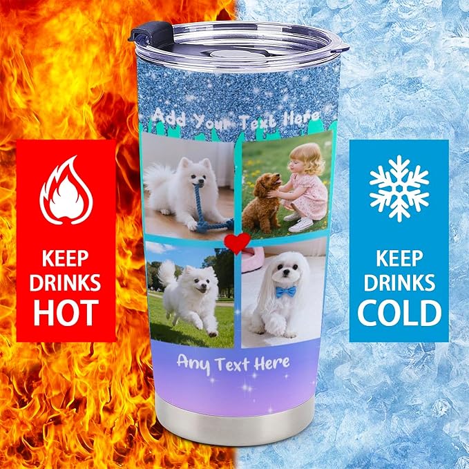 Personalized Tumbler Custom Vacuum Insulated Travel Mug Customizable Coffee Cup with Your Photos and Text Christmas Birthday Gift (4 Photos+Text)