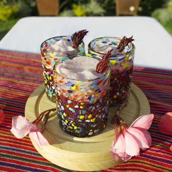 Confetti Dots Hand Blown Tumbler Glasses Set of 6 – Colorful Mexican Glassware – 10 oz Recycled Glass Tumbler – Hand blown Mexican Drinking Glasses for Cocktails, Wine & Tequila