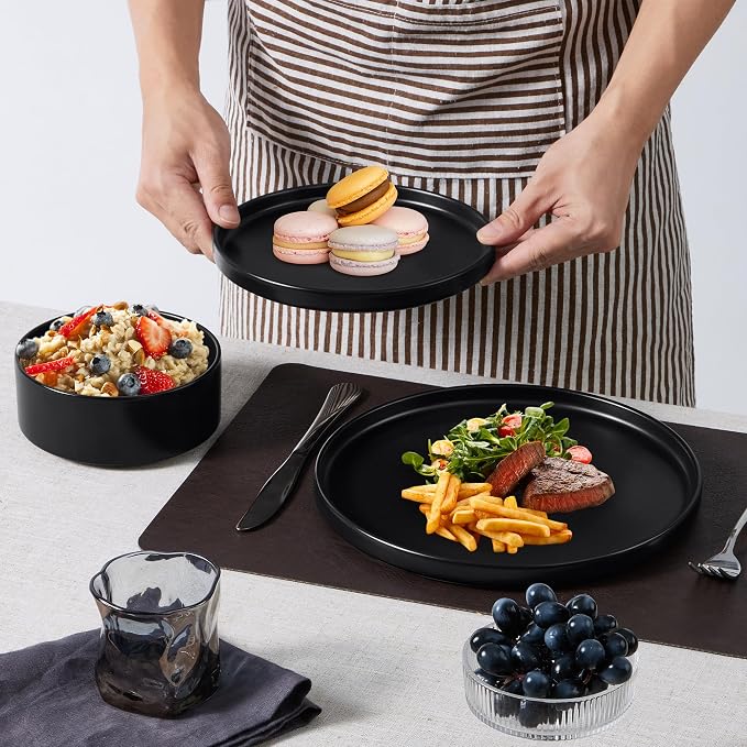 E-far Black Dinnerware Sets for 8, 24-Piece Stoneware Plates and Bowls Sets | Modern Kitchen Dining Dishware, Chip and Scratch Resistant, Microwave & Dishwasher Safe, Matte Black