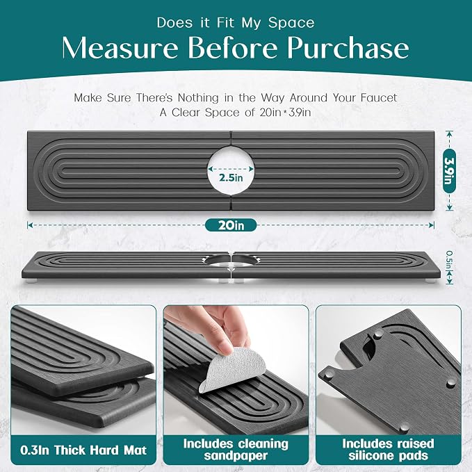 Diatomite Stone Sink Candy - Instant Dry Stone Sink Tray around Faucet, Prevents Moisture Buildup - Faucet Splash Guard for Bathroom Counter (Dark Grey, 20" x 3.9")