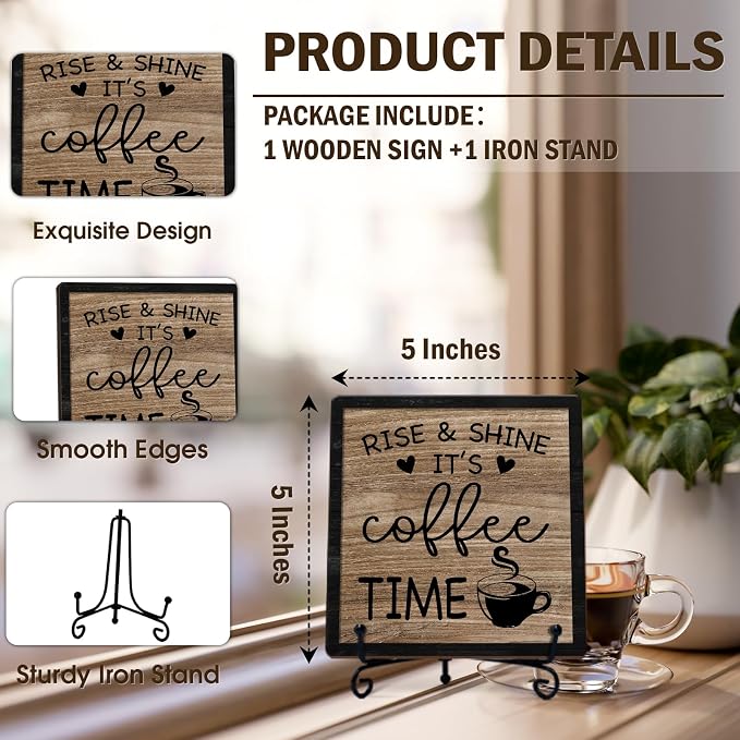 Funny Coffee Bar Decor, 5"x5" Coffee Bar Sign | Rise & Shine It's Coffee Time Wood Plaque with Stand | Farmhouse Gift for Home Kitchen Tabletop Desk - A03