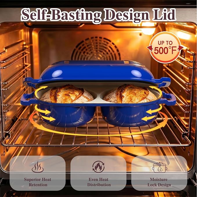 Umite Chef Mini Double Dutch Oven for Sourdough Bread Baking - Enameled Cast Iron Dutch Oven Pot with Lid and 5" Banneton Bread Proofing Basket Kit, Dual Round Bread Loaf Pan for Bread Baking (Blue)