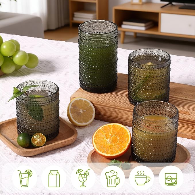 Moretoes 12 Pack Hobnail Drinking Glasses Gray Water Glass Cups Set | Mixed Vintage Glassware 6pcs 12oz Highballs & 6pcs 10oz Old Fashioned Glasses, Great for Cocktail Whisky and Other Beverages