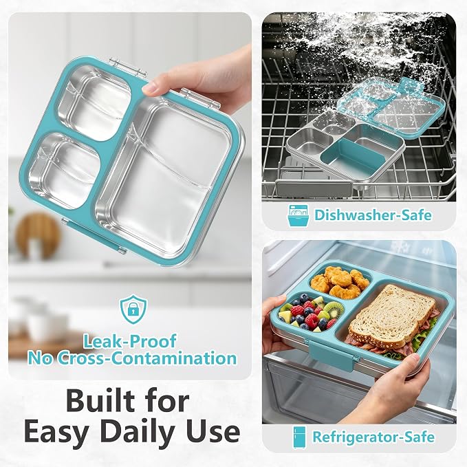 LOHASOK Stainless Steel Bento Lunch Box, 34oz/1000ml, Blue | 3-Compartment, Leak Proof, Lightweight, Clear Plastic Lid, for Kids Adults, BPA/BPS Free, Dishwasher Safe