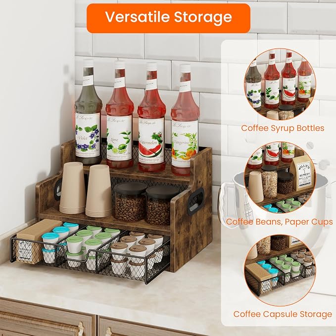 Coffee Syrup Rack Organizer, 3-Tier 8 Bottles Syrup Holder Stand with 35 K Cup Storage Basket Drawer for Coffee Bar, Wood Liquor Shelf Wine Rack Countertop for Home, Rustic Brown