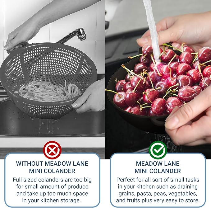 Meadow Lane 6-Inch Small Colander, 3-Cup Food Strainer, Glossy Black | BPA-free, dishwasher-safe mini colander has a wide, shallow bowl, 1/8-inch holes, two handles, ring foot and smooth edges.