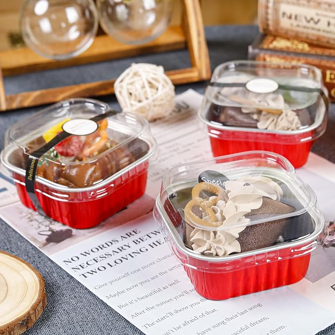 Mini Cake Pans with Lids, 60 Pack Red 5oz for Family Parties | Use for mousse layers, cheesecake squares, blondies and candies; organized pieces help speed up service lines.