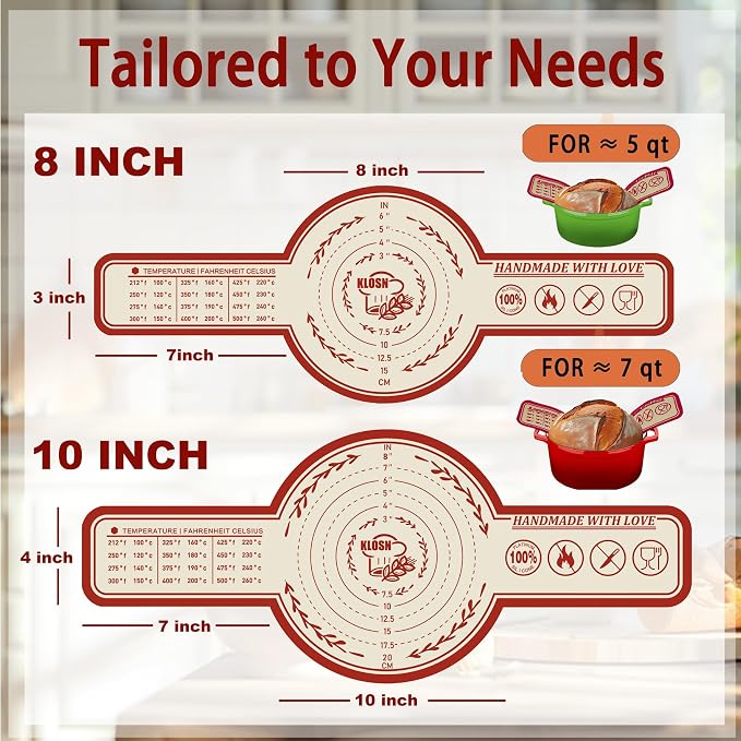 Silicone Bread Sling for Dutch Oven, 2 Pack (8" & 10" Round) – Non-Stick & 500°F Heat Resistant Sourdough Mat, Easy to Clean, Reusable Food-Grade Sourdough Slings - Fits 5–7 qt Dutch Ovens