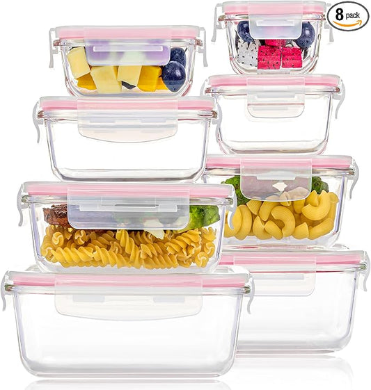 Vtopmart 8 Pack Glass Food Storage Containers with Airtight Lids | Meal Prep Lunch Containers, Leakproof, Leftover Storage, Take-out, Microwave, Oven, Freezer and Dishwasher Safe, BPA Free