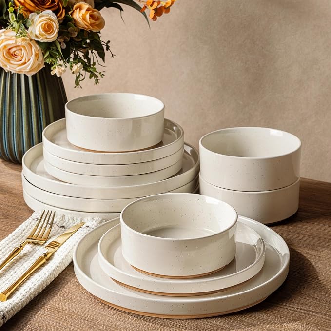 AmorArc Stoneware Dinnerware Sets for 6,18 Pcs Plates and Bowls Set | Handmade Ceramic Dish Set,Dishwasher & Microwave Safe,Scratch Resistant-Beige