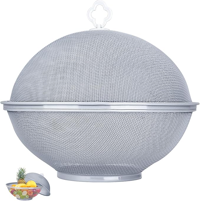 Fruit Fly Proof Fruit Storage Basket, Metal Mesh Fruit Bowl w Lid Grey1PCS | Decorative Fruit Bowls Kitchen Counter Storage for Fruits & Veggies
