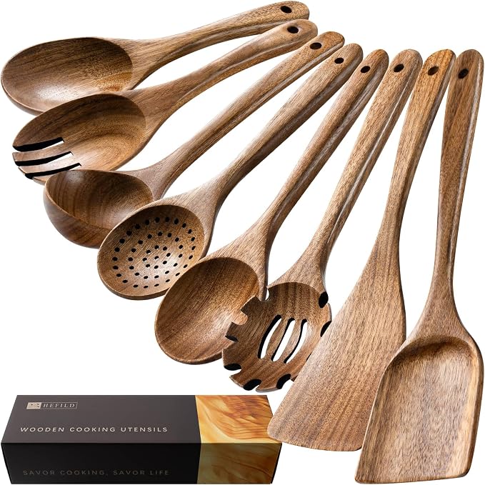 Wooden Spoons for Cooking, 8-Piece Acacia Wood Cooking Utensil Set | Spoons and spatulas stir, mix, flip and serve; balanced handles offer control while staying gentle on nonstick cookware.