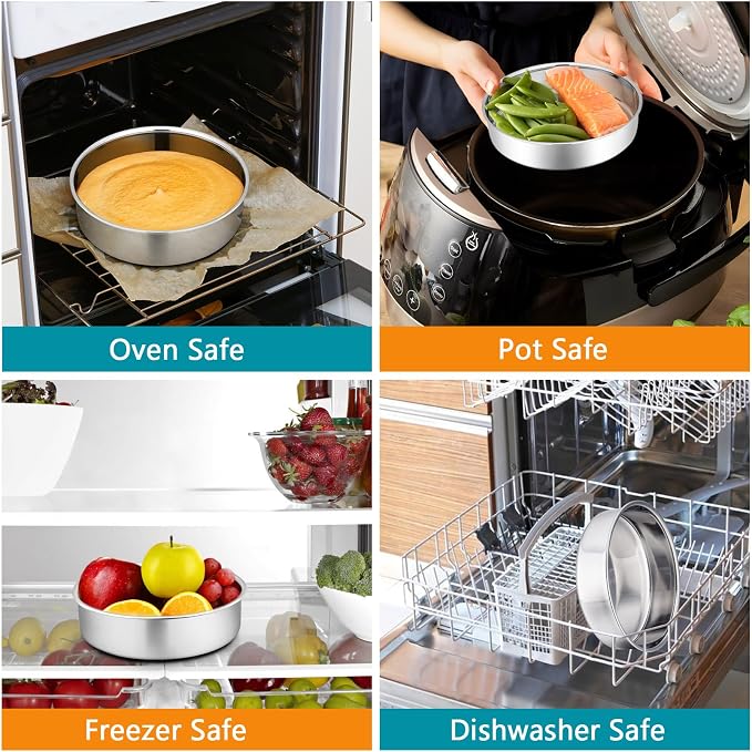 P&P CHEF 5 Inch Round Cake Pan Set of 3, Stainless Steel Baking Cake Pans | Round Baking Cake Pan Bakeware for Layer Birthday Cake, Fit Oven/Pots/Pressure Cooker, Leakproof & Dishwasher Safe, Silver