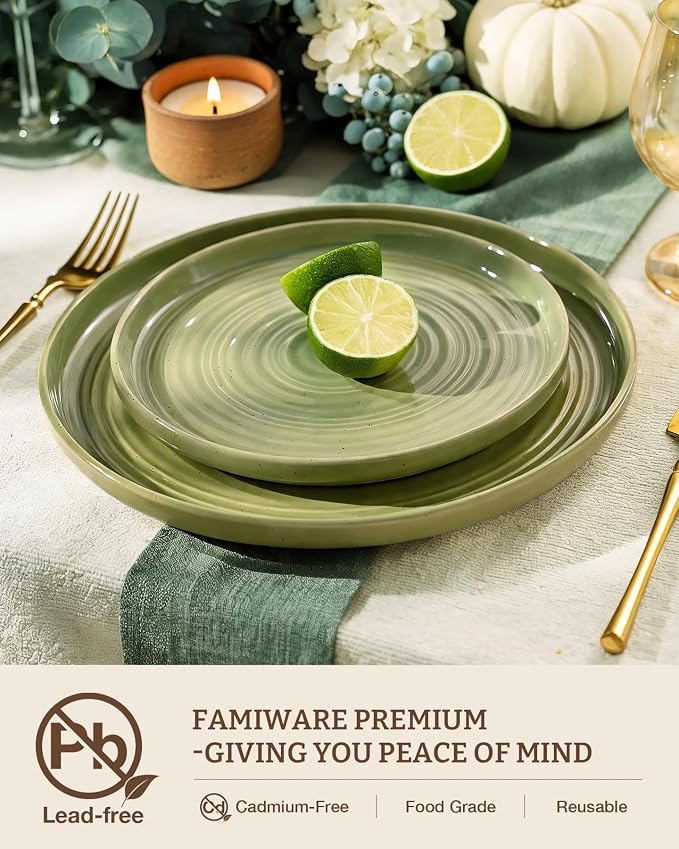 Dinnerware Sest for 8, Ceramic Plates & Bowls, Olive Green | 24-Piece Ceramic Speckled Spiral Dishes, Chip & Scratch Resistant, Microwave & Dishwasher Safe, Everyday Use, Farmhouse Style