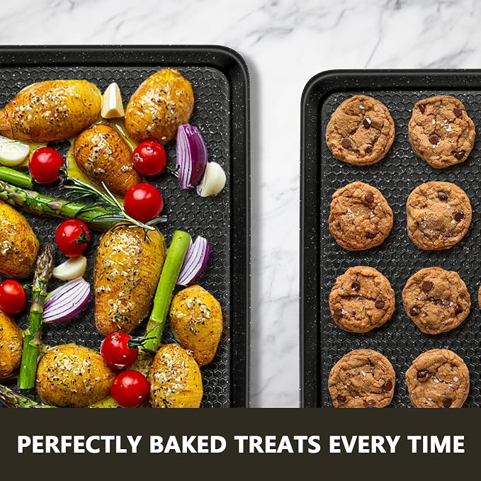 Wildone Baking Sheet Pan Set of 2, Honeycomb Embossed Nonstick Cookie Sheet | Thicker Carbon Steel Jelly Roll Pan Oven Tray 15x10 Inch, Heavy Duty & Easy Clean, Black