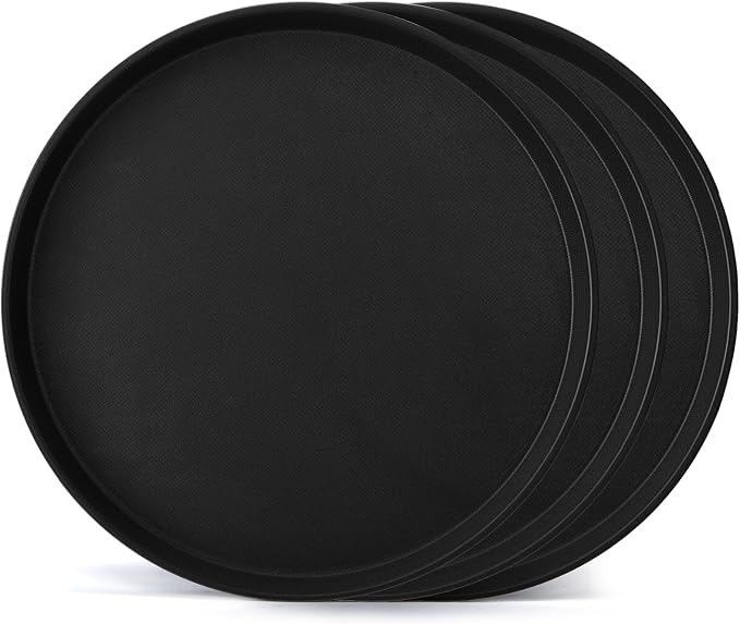 TOPZEA 3 Pack Large Restaurant Serving Tray, 18 Inch Plastic Black Round Server Tray, Non-Slip Rubber Lined Bar Drink Trays Cafeteria Buffet Food Service Trays for Coffee Table, Kitchen, Party