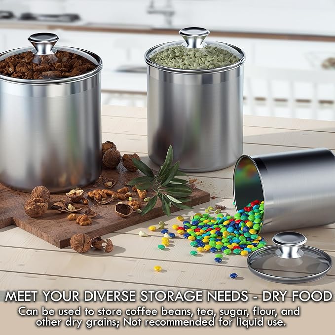 Cooks Standard Large Airtight Kitchen Canister Set for Coffee, Flour & Sugar Storage – 18/10 Stainless Steel Food Storage Containers with Glass Lid – Pantry Organization Jars, 4 Pack (5 Qt to 1.6 Qt)