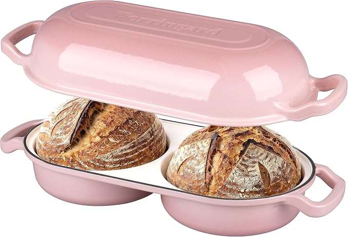 Enameled Cast Iron Double Dutch Oven with Lid, Dual Round Loaf Pan, Bread pan for Homemade Sourdough Bread Baking, Pink