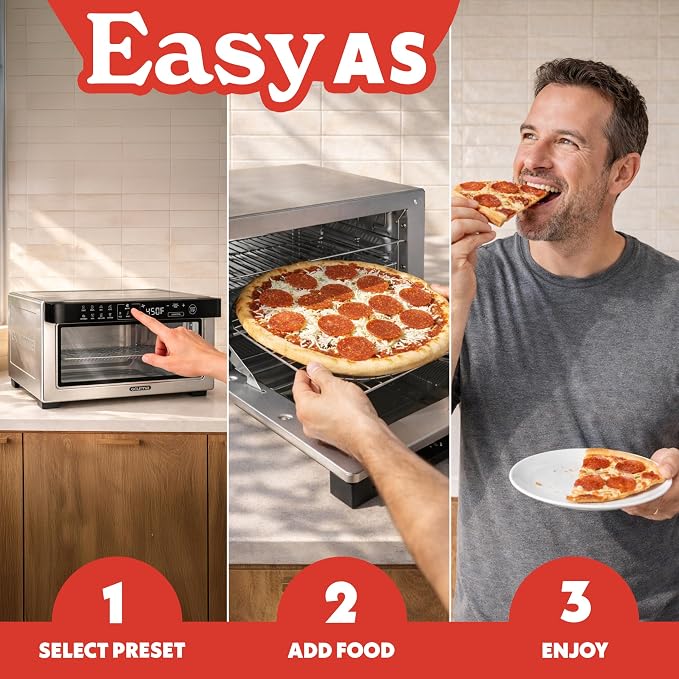 Gourmia Toaster Oven Air Fryer - 4 Slice Capacity, Single Door, Digital Display, Air Fry, Toast & Dehydrate, Convection Cooking, Fits 8” Pizza, 3 Rack Positions, Dishwasher-Safe Trays, Stainless Steel