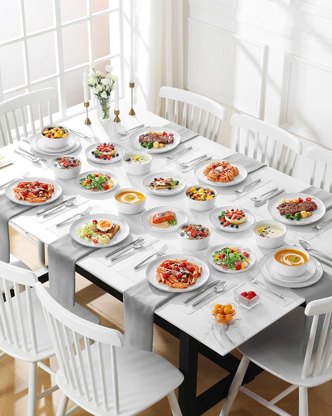 MALACASA 24-Piece Dinnerware Set for 8, White Black-Rim Porcelain Dishes | High-Fired Porcelain, Chip and Scratch Resistant, Microwave and Dishwasher Safe, Dinner, Salad Plates and Cereal Bowls