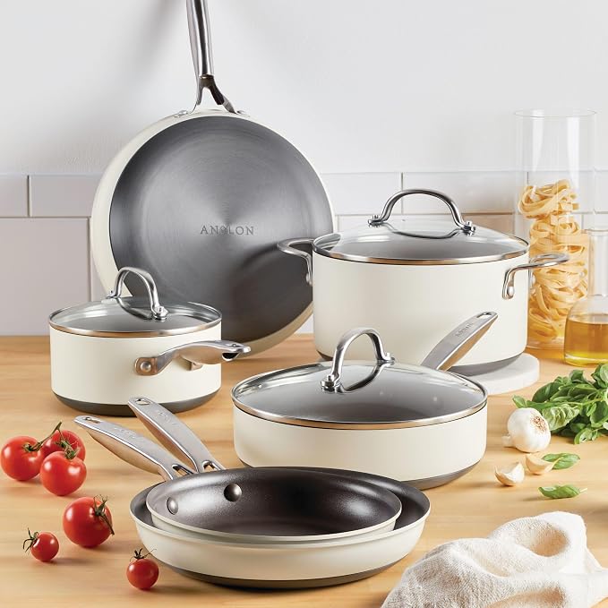 Anolon Achieve Hard Anodized Nonstick Cookware Pots and Pans Set, 9 Piece - Cream