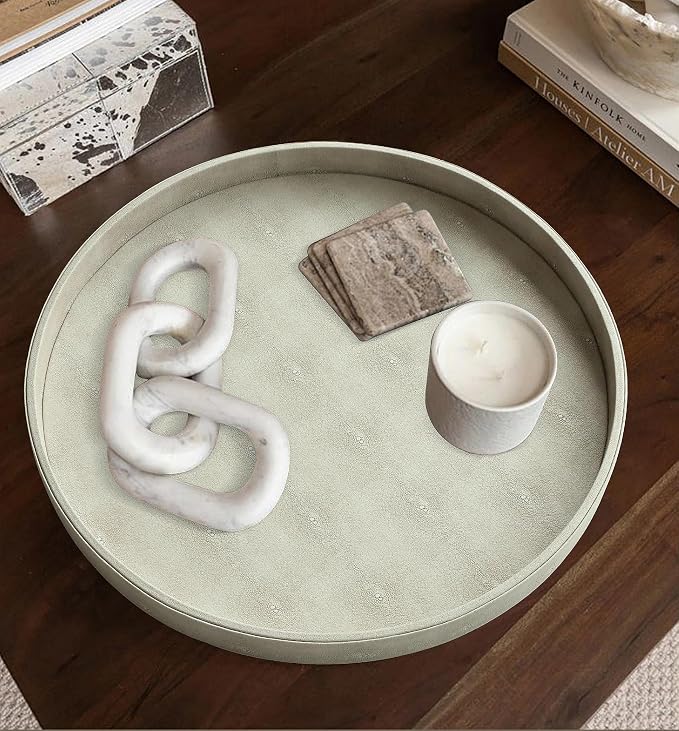 HofferRuffer Large Round Serving Tray 24'', Elegant Faux Leather Circle Ottoman Table Tray, Serve Tea Coffee Breakfast in Bedroom Living Room Kitchen (Cream White)