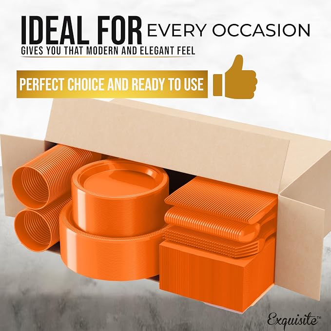 Party Solids 350 Pieces Orange Plastic Plates For Party, Orange Disposable Plates Set, 50 Of Each 9" Dinner Plate Set, 7" Dessert Plate, Cups, Napkins & Cutlery Plastic Dinnerware Set