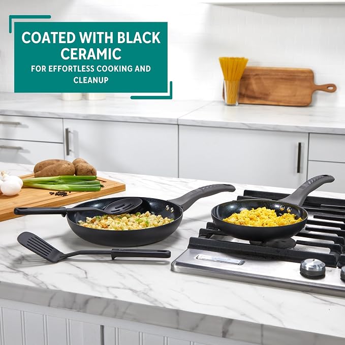 MIRRO 4 Piece Ceramic Nonstick Fry Pan Set with Utensils Black Cookware Set