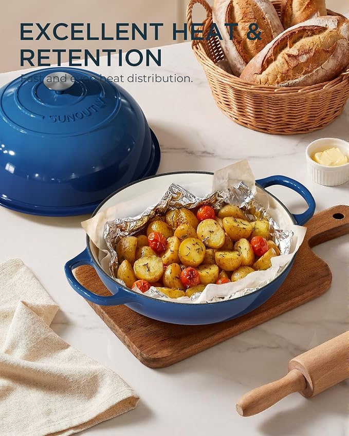 Enameled Cast Iron Bread Oven, 6QT Cast Iron Dutch Oven for Homemade Sourdough Bread Baking, Round Bread Pot with Dome Lid & Cotton Potholders, Navy Blue