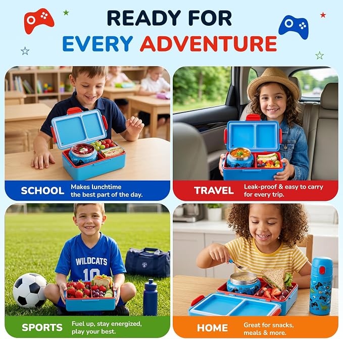Bento Lunch Box for Kids– Game Console Design with 12oz Insulated Stainless Steel Soup Jar and Built-in Ice Pack, 3-Compartment Leak-Proof Kids Bento Box for Boys Girls School Travel