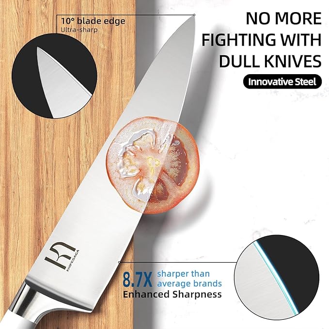 KnifeSaga 15 Pcs Japanese Knife Set with Sharpener, Premuim, Razor Sharp | Innovative Steel, High Carbon Stainless, Enduring Sharpness, Ergonomic Handle, Quality Acacia Wood Block, Full-tang, Gift Box