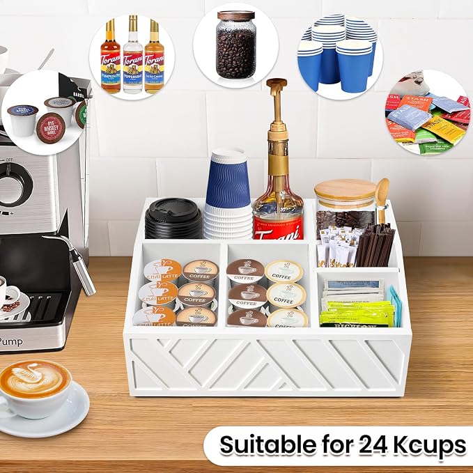 ugiftt Coffee Station Organizer for Counter, Wood Pods Holder Storage Basket, Tea Condiment Storage Organizer, Rustic Coffee Bar Decor for Accessories Organizer