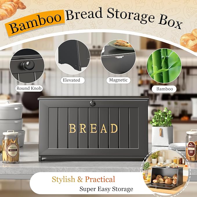 Vintage Bread Box for Kitchen Countertop, Retro Design Bread Storage Container, Farmhouse Wooden Counter Breadbox, Small Bamboo Bread Bin Holder for Homemade Bread