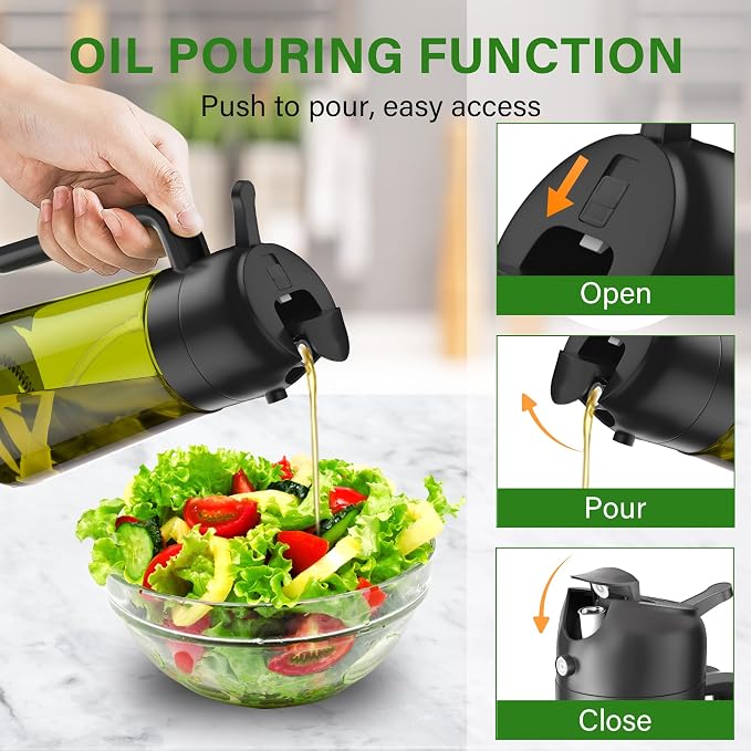 Vakoo 2 in 1 Oil Sprayer and Oil Dispenser for Kitchen - 16oz/470ml Light-Blocking Dark Glass Olive Oil Spray Bottle for Cooking, Air Fryer, Salad & BBQ (Black&Green)