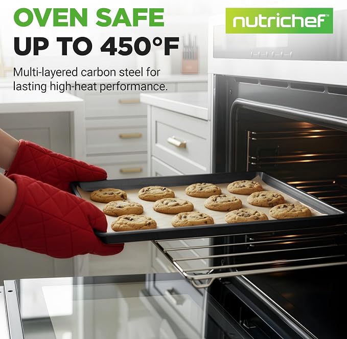 NutriChef XL Nonstick Baking Pan | 22x16 Inch PFOA, PFOS & PTFE Free Carbon Steel Pan | Dishwasher Safe, 446°F Oven Safe Sheet Cake Pan Suitable for Cookies, Brownies, Bread and Lasagna