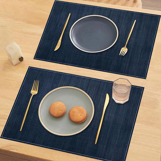 Dark Blue Placemats Set of 4, 12x18 Inch Washable Easy to Clean Heat-Resistant Anti-Skid Navy Blue Placemats for Holiday Party Kitchen Dining Room Decoration