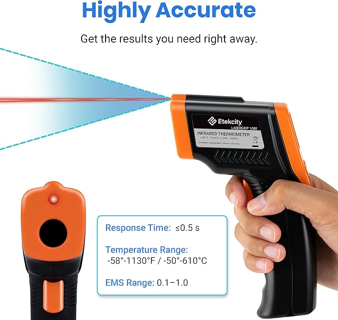Etekcity Infrared Thermometer Laser Temperature Gun, -58°F~1130°F, Orange | Cooking, Pizza Oven, BBQ, Meat, Kitchen, Reptile, HVAC, Adjustable Emissivity, MAX Display, High Temperature