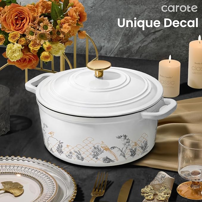 CAROTE Cast Iron Dutch Oven Pot with Lid, 5QT Enameled Floral Dutch Ovens with Gift Box, Cast Iron Pot for Sourdough Bread Baking, Braising, Stews, Roasting, All Stovetop Compatible, Oven Safe, White