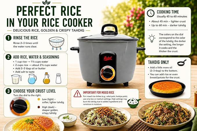 Sadaf One-Touch Automatic Rice Cooker – Electric Persian Rice & Tahdig Cooker - Non-Stick Inner Pot & Auto Shut-Off - Easy to Use Rice Maker - Middle Eastern Cuisine - 10 Cups