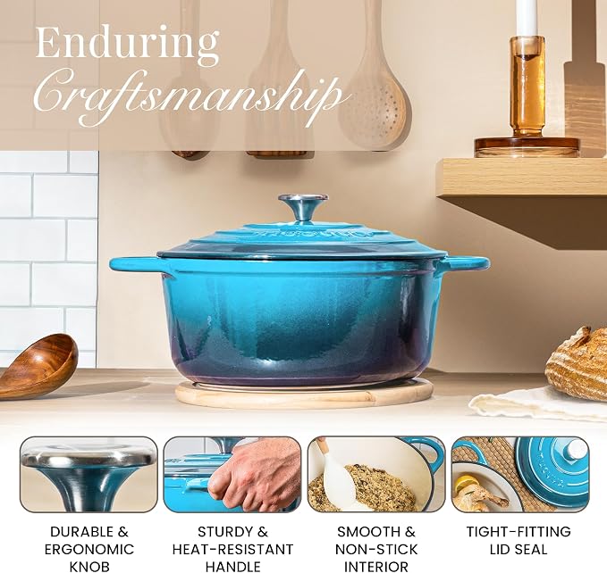Cast Iron Pot with Lid - Non-Stick Ovenproof Enamelled Casserole Pot, Oven Safe up to 500° F-Sturdy Dutch Oven Cookware - Blue, 5-Quart, 24cm-by Nuovva