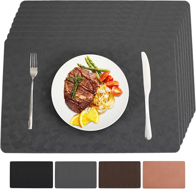 Gray Vinyl Placemats Set of 8 Waterproof Wipeable Table Mats | Heat Resistant Easy Clean Place Mats Faux Leather Table Mats Washable PVC Table Placemats for Dining Table