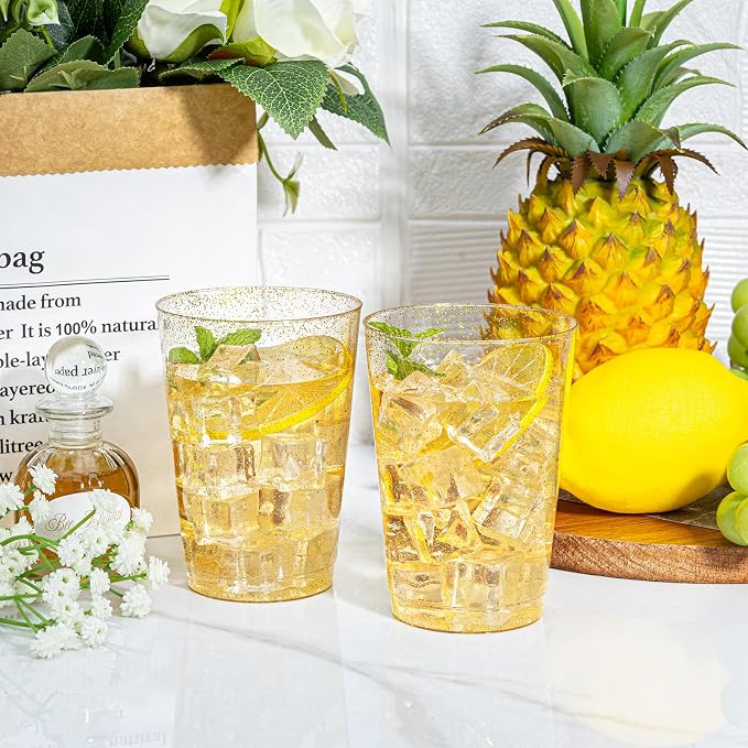 I00000 50 Pack 12 oz Gold Glitter Plastic Cups, Clear Disposable Cups, Disposable Plastic Wine Glasses Cocktail Glasses Premium Cups, 12 Ounce Glitter Tumblers for Party & Wedding