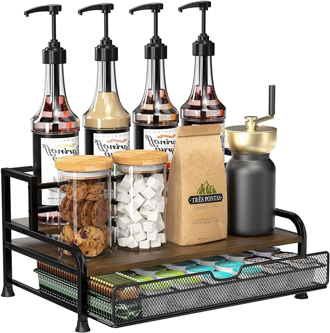 Coffee Syrup Rack Organizer, 3-Tier with 35 K-Cup Pod Holder Drawer | Black Metal Rack for 8 Syrup Bottles,Countertop Bottle Holder Stand for Wine,Space-Saving Design for Kitchen Cafe Station
