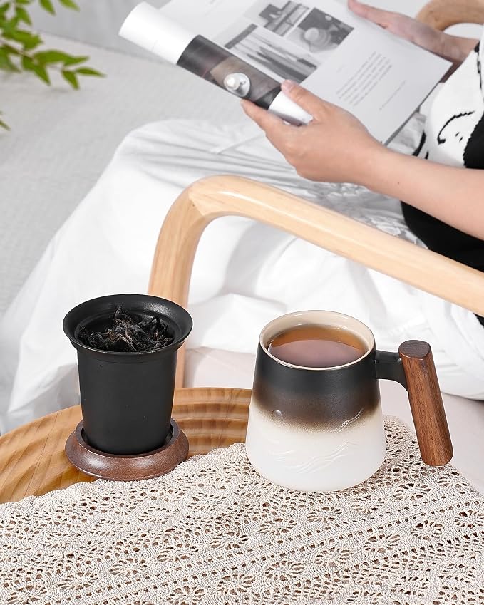 ZENS Tea Infuser Mug with Lid for Loose Tea Steeper, 14.5oz White | Embossed Ceramic Tea Cup with Infuser for Herbal Tea Difussers, Tea Lovers Gifts, Modern Organic Wood Handle