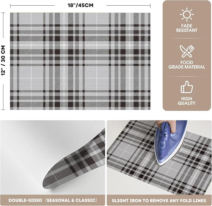 Artoid Mode Stripe Plaid Vinyl Placemats Set of 4, 12x18 Inch Washable Non-Slip Heat Resistant Plastic Place Mats for Party Dining Table, Grey