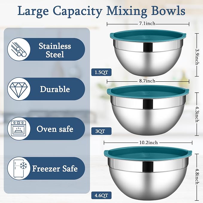 LIANYU Mixing Bowls Set with Lids, Stainless Steel Kitchen Bowls Set of 3 | Large & Small Metal Bowl, Airtight Lids, Mixing & Storage, Dishwasher Safe & Freezer Safe, 1.5QT & 3QT & 4.6QT, Blue