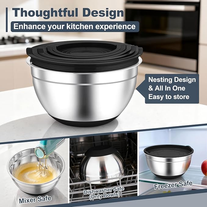 TeamFar Mixing Bowls, Stainless Steel Salad Bowls with Lids - Black | Nesting Bowls with Non-slip Bottom, for Kitchen Baking Preparing Serving, Stackable & 6PCS - 4.6 /2.6 /2 / 1.5 /1 / 0.7 Qt
