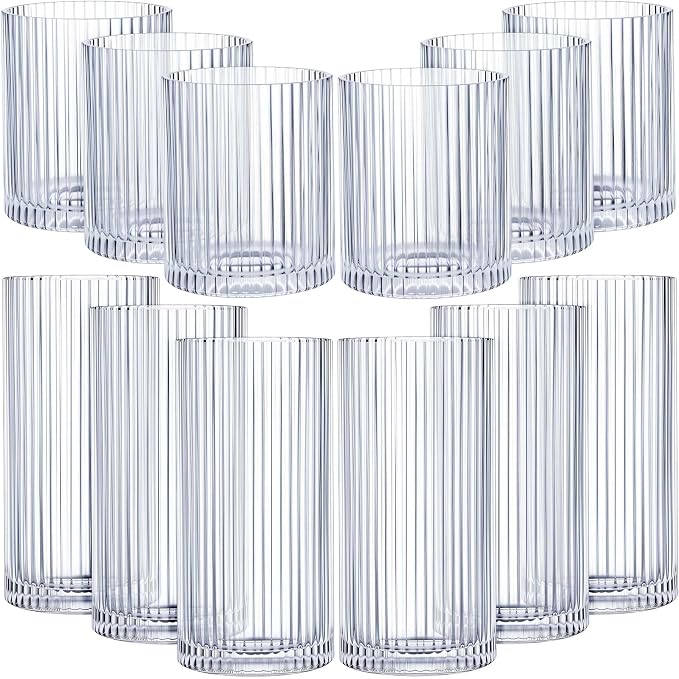 Zhehao 12 Pcs Ribbed Drinking Glasses Set 12 oz 14 oz Glass Cups Vintage Glassware Ribbed Cocktail Cup Clear Ice Coffee Highball Ripple Drinkware for Home Bar Beverages